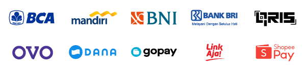 Metode pembayaran: BCA, Mandiri, BNI, BRI, QRIS, OVO, DANA, GoPay, LinkAja, ShopeePay